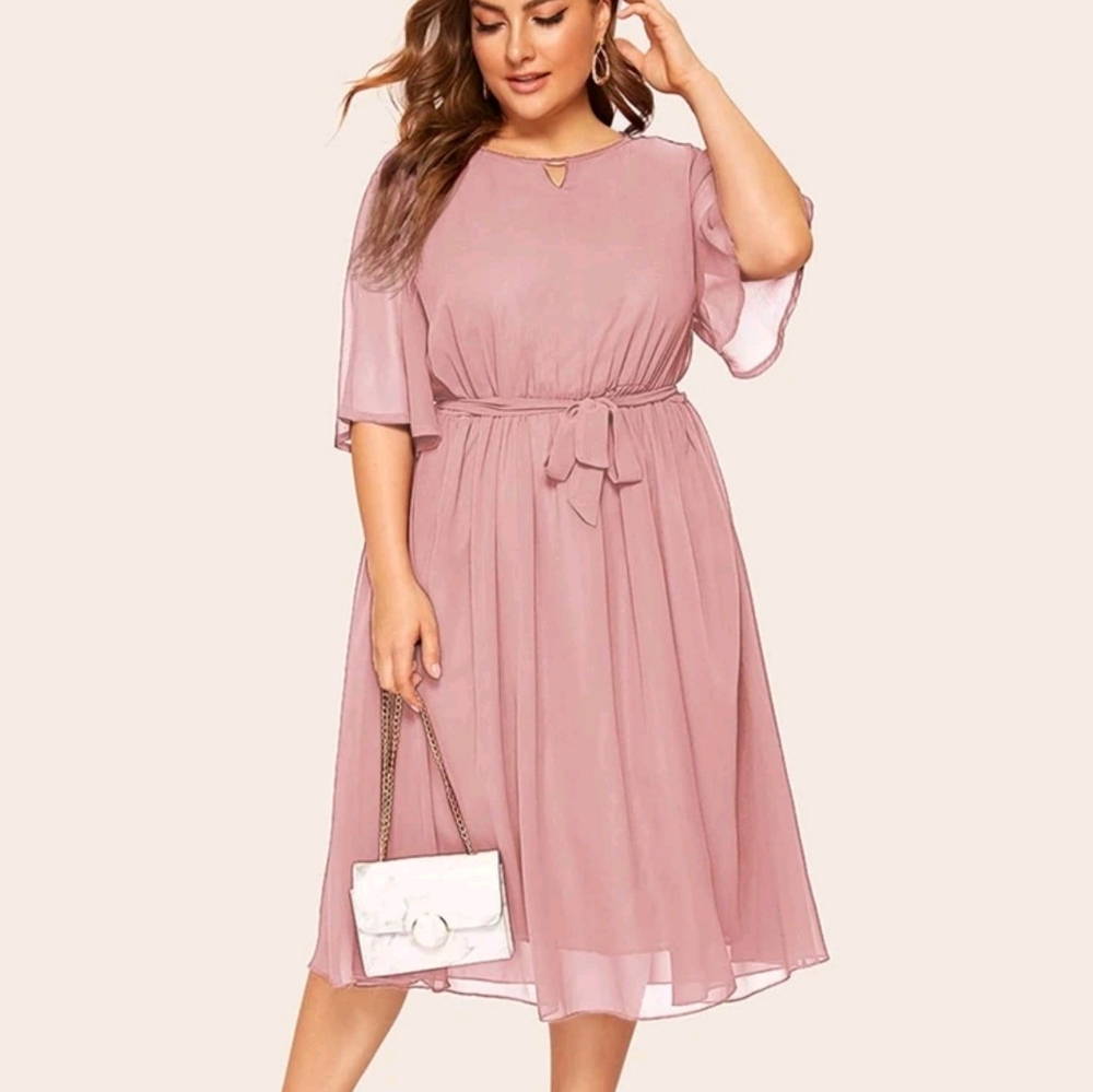 Pink Keyhole Neckline Belted A-Line Dress 3XL / 18
